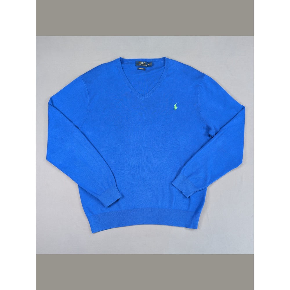 Polo Ralph Lauren Blue Pima Cotton V Neck Sweater Green Pony Mens XL